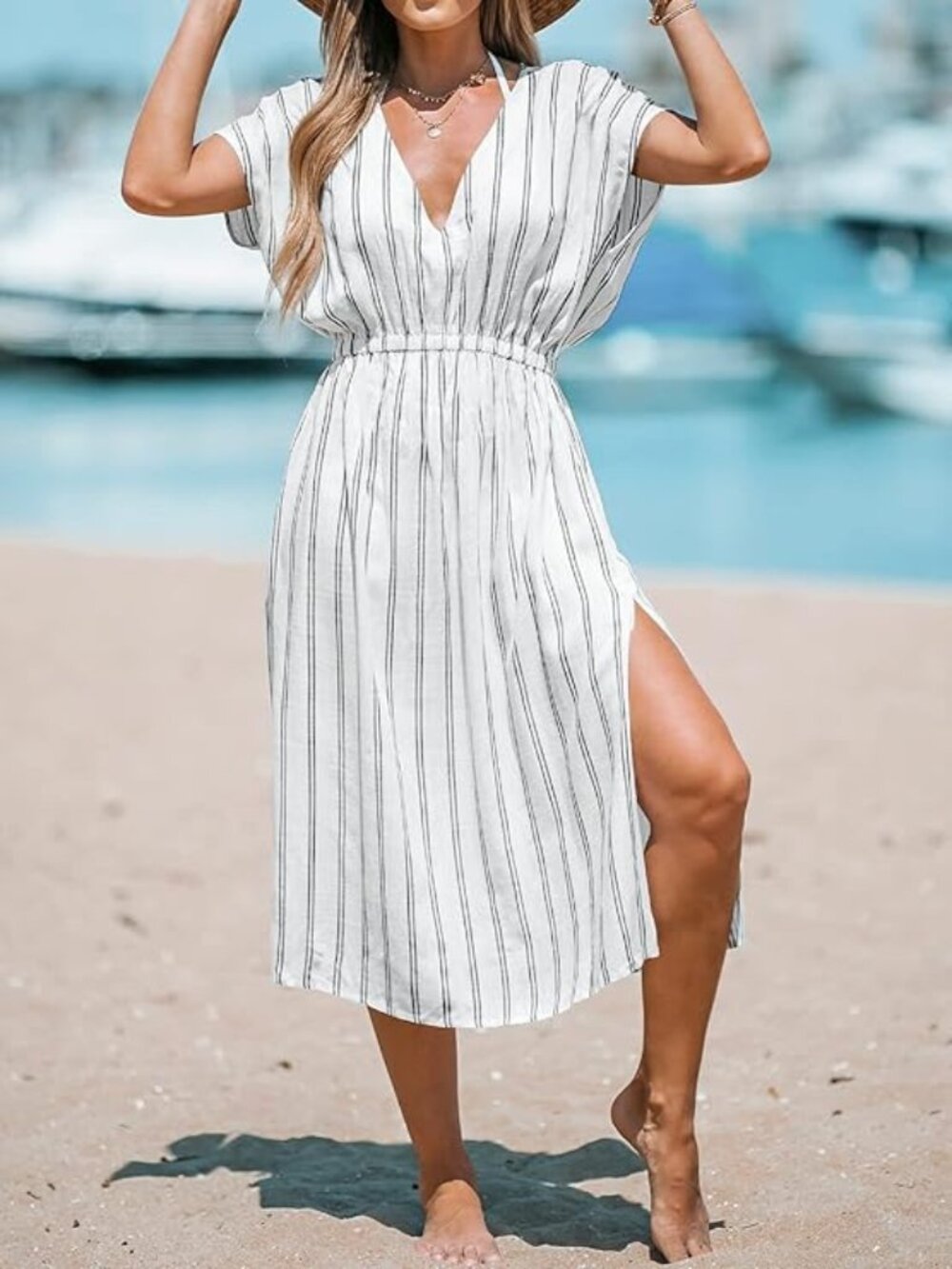 CUPSHE Women Beach Cover Up V Neck Short Sleeve Striped Midi Swimsuit Dress L